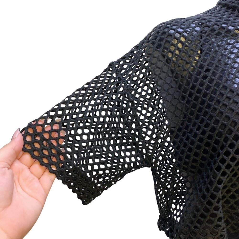 Akris Punto Black Crop Mesh Crochet Short Sleeve Mock Neck Top 6 - Picture 2 of 6